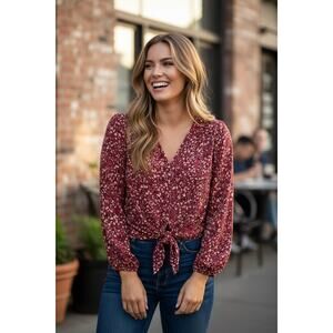Beacon Apparel Burgundy Floral Blouse Size M | Tie Front Top
